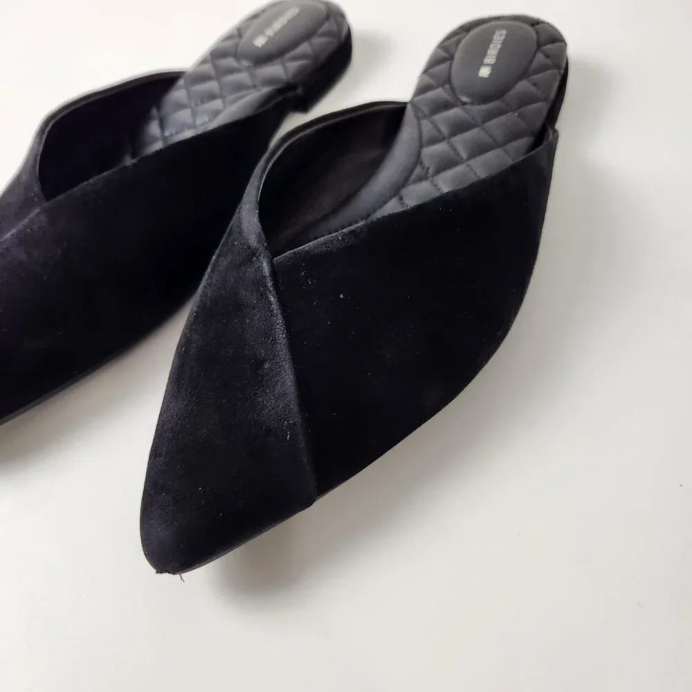 Birdies Shoes Womens 9.5 Black Swan Suede Mules Quilted Flats Leather Slip On - Picture 4 of 14